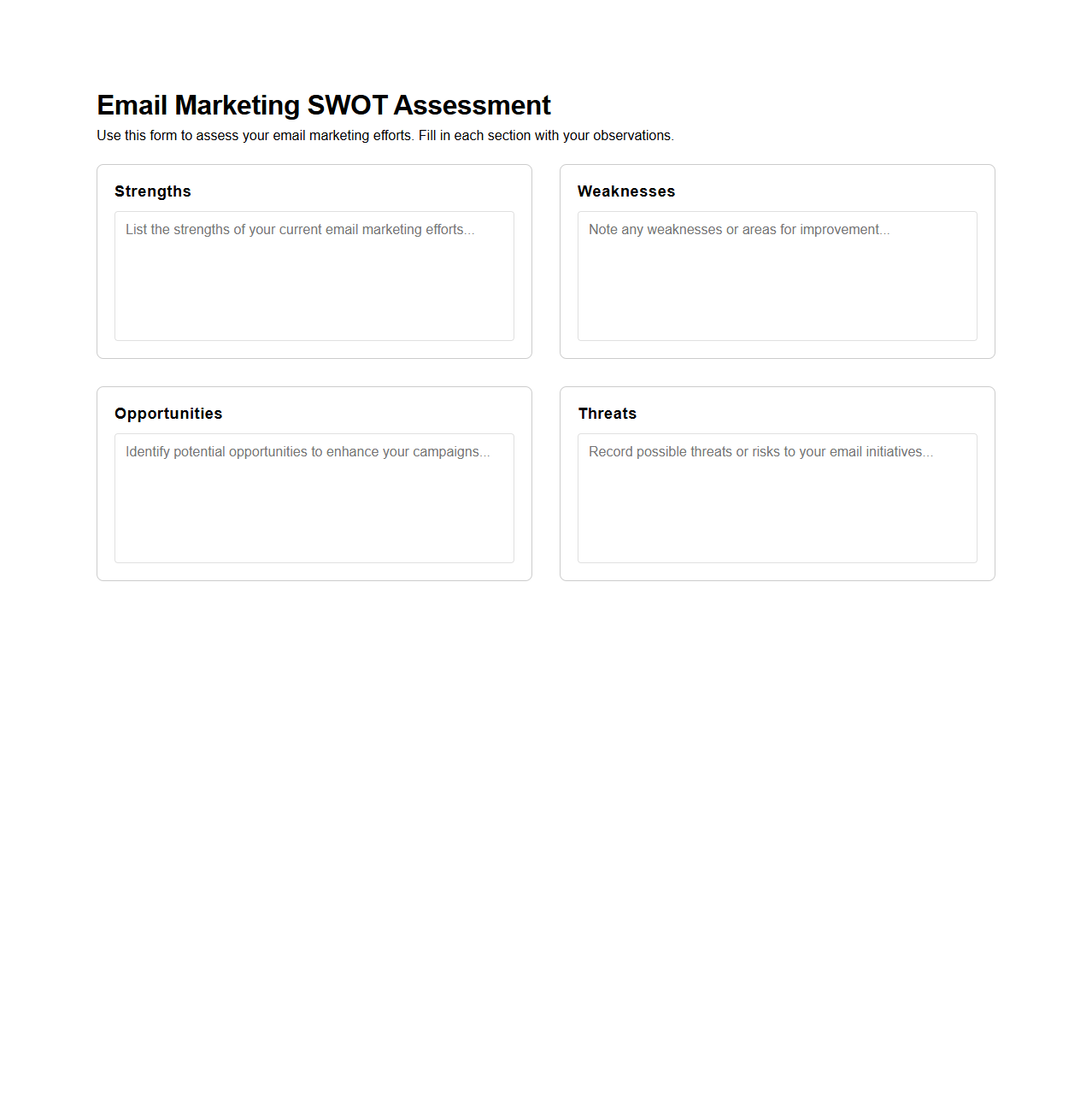 SWOT Assessment Form for Email Marketing Efforts