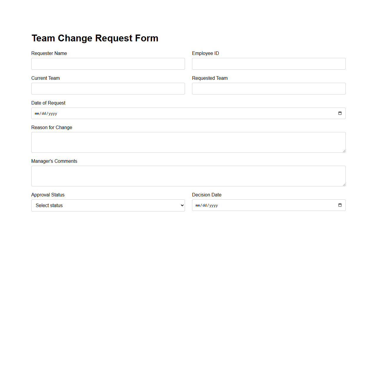 Team Change Request Form Sample