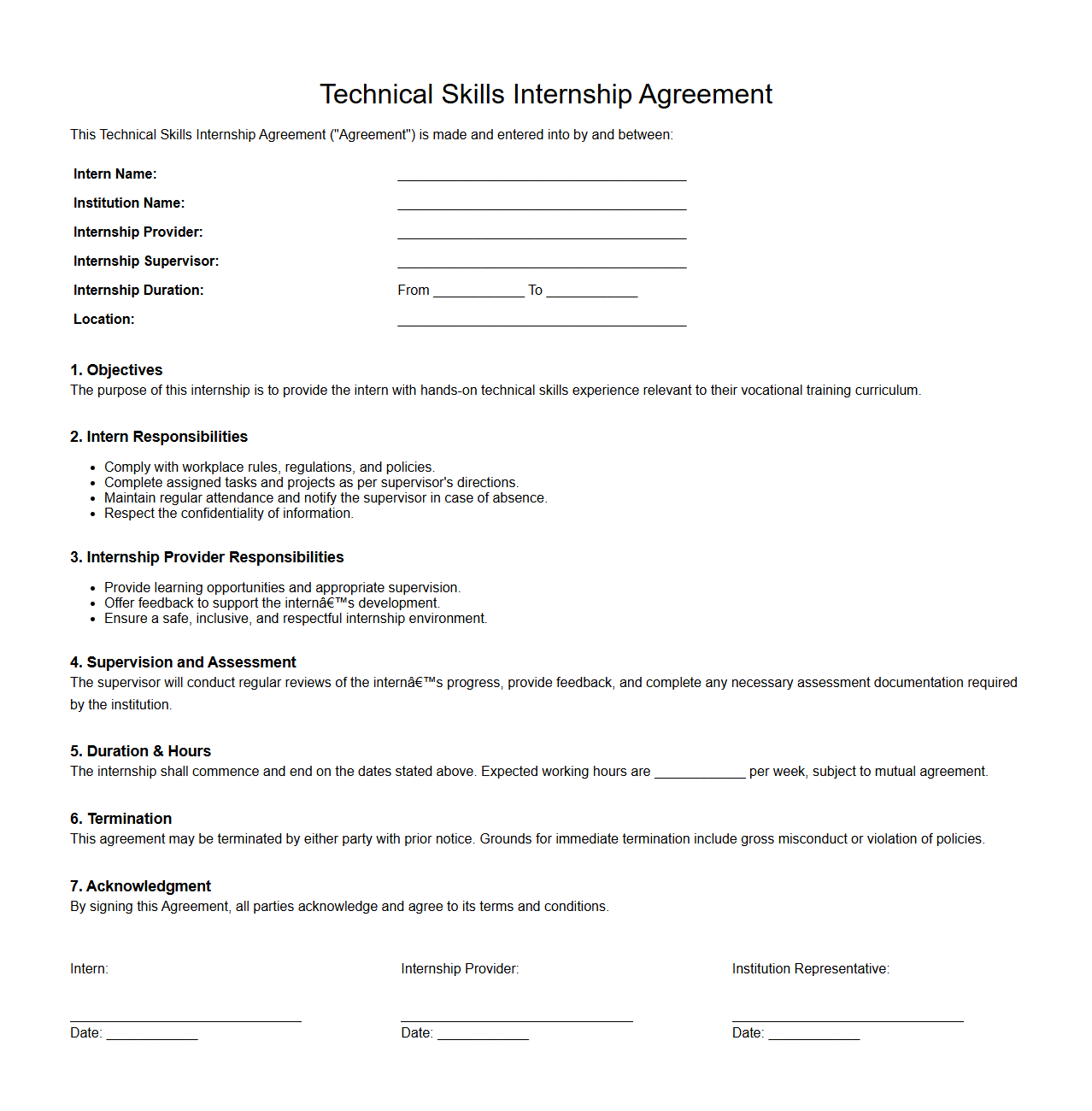 Technical Skills Internship Agreement for Vocational Learners