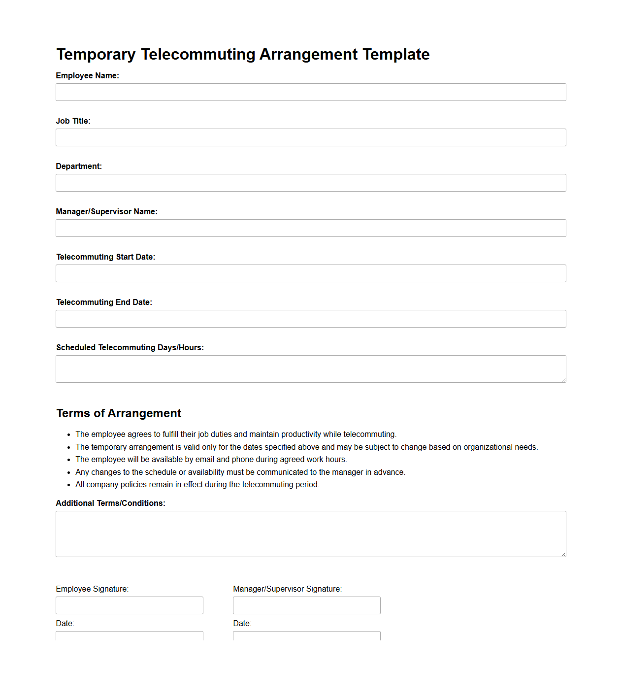 Temporary Telecommuting Arrangement Template