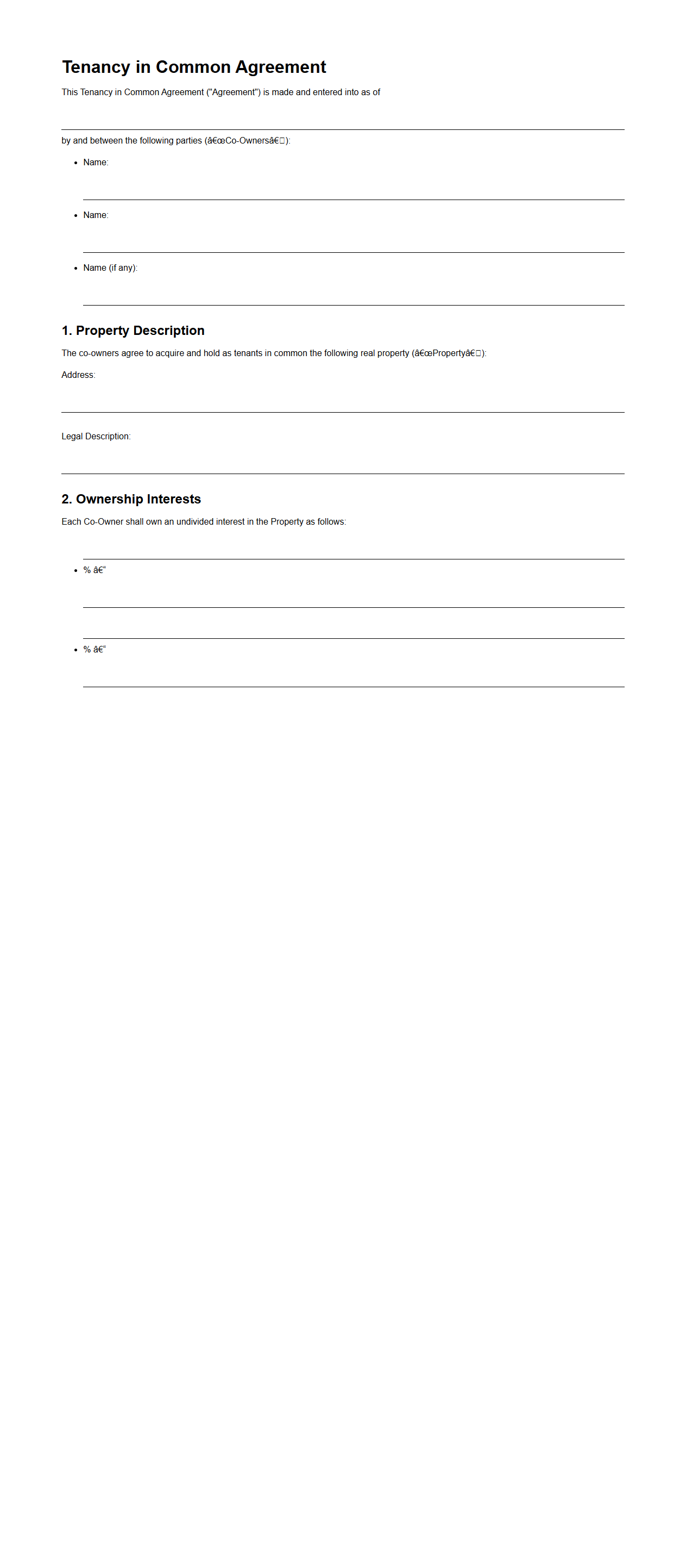 Tenancy in Common Agreement Sample Document