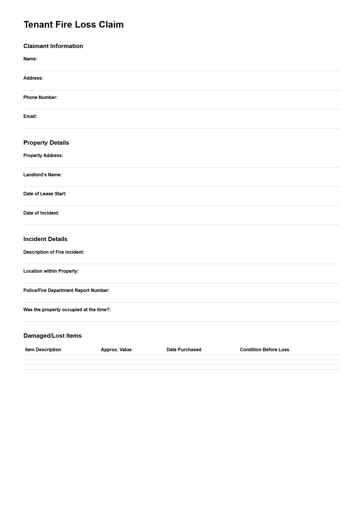 Tenant Fire Loss Claim Sample Document