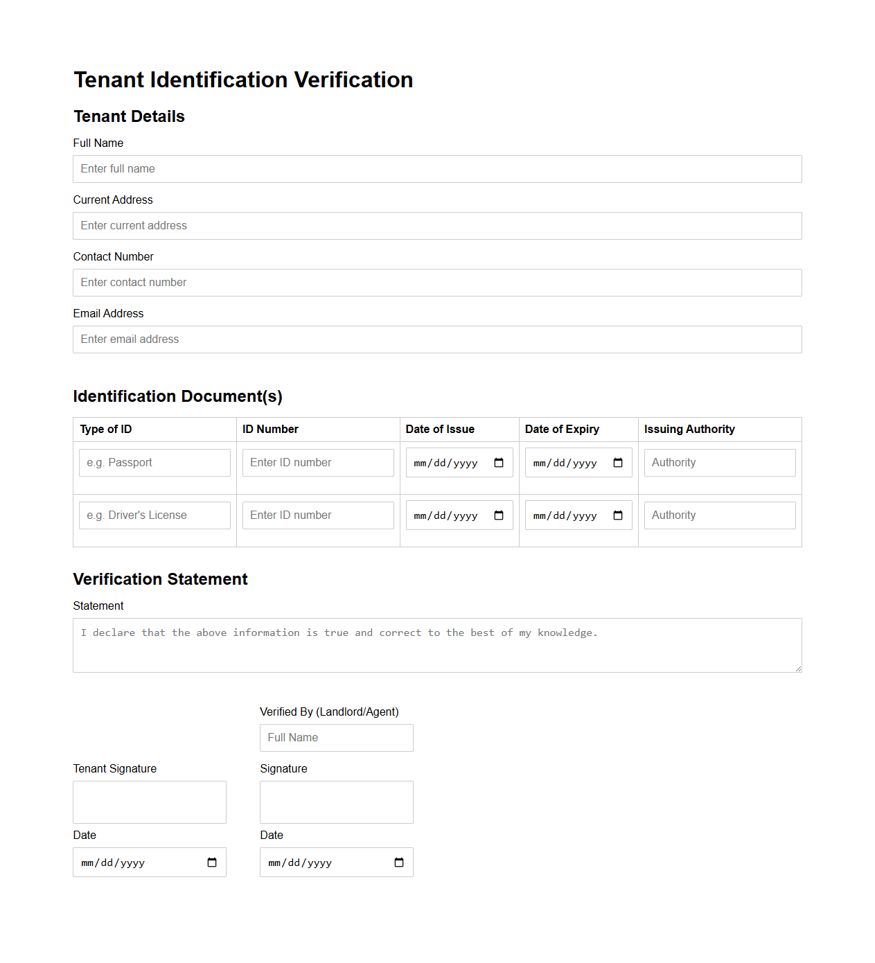 Tenant Identification Verification Template
