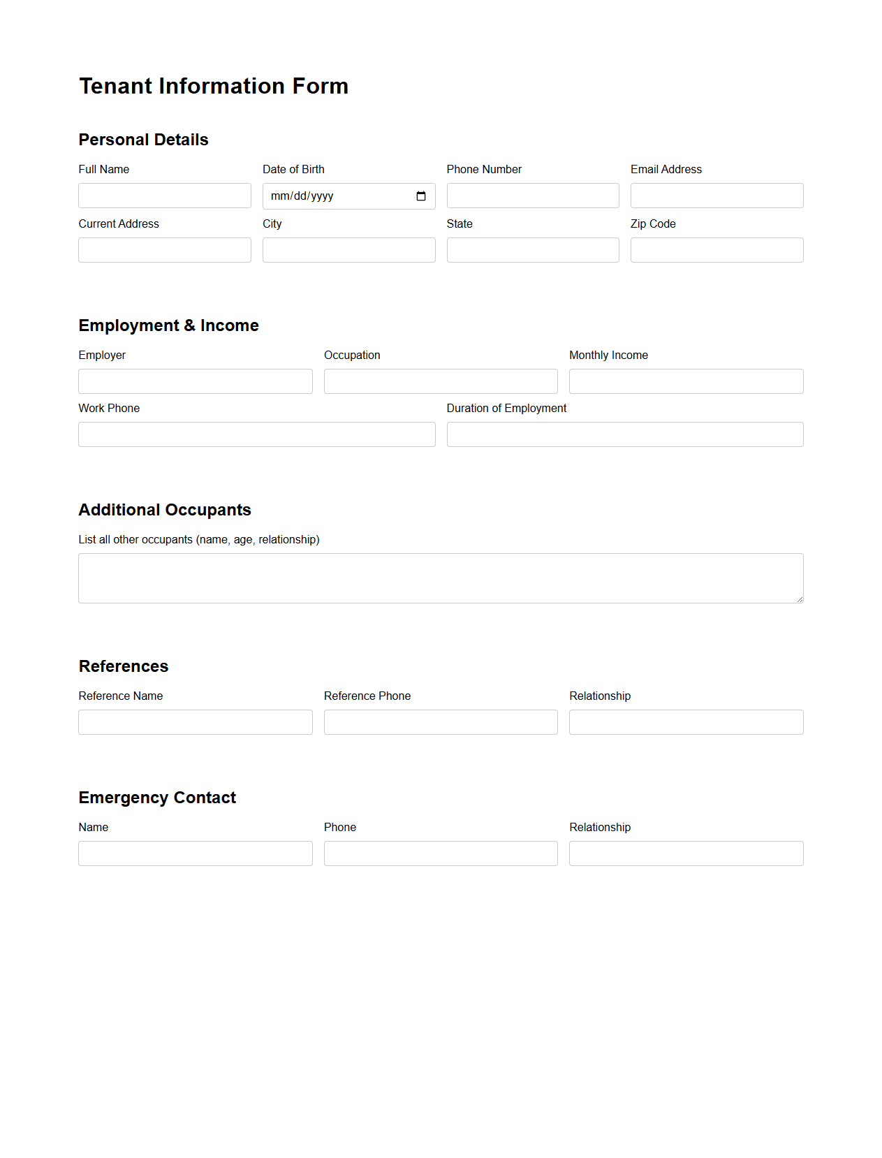 Tenant Information Form Example for Apartment Lease