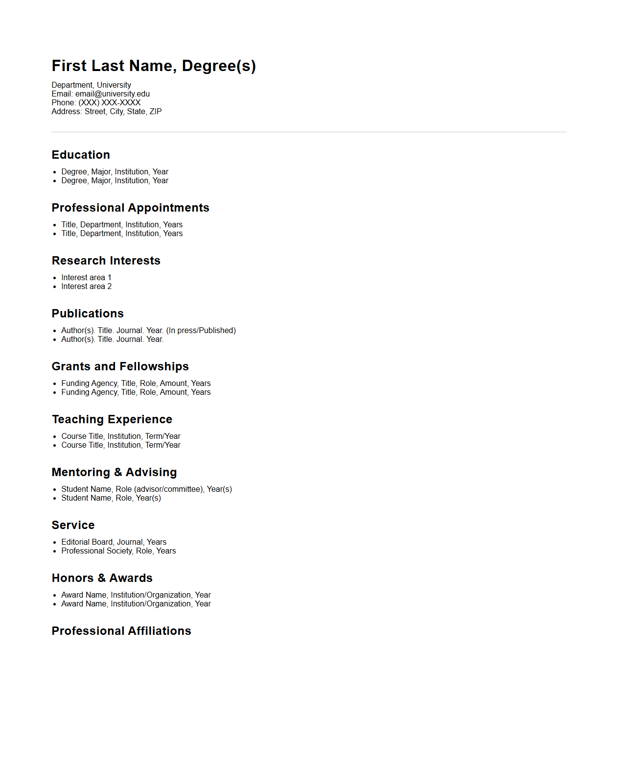 Tenure-Track Faculty CV Outline