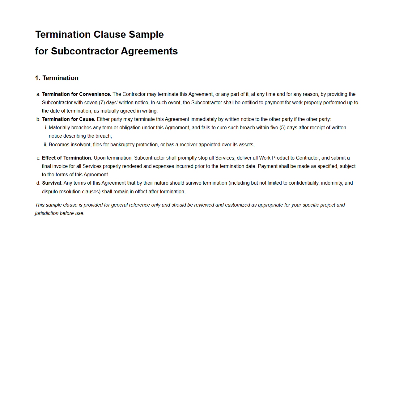 Termination Clause Sample for Subcontractor Agreements