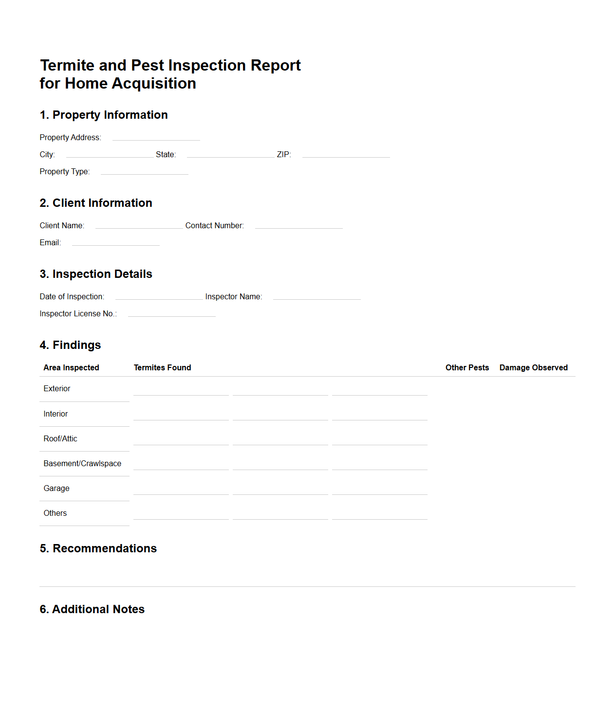 Termite and Pest Inspection Report for Home Acquisition