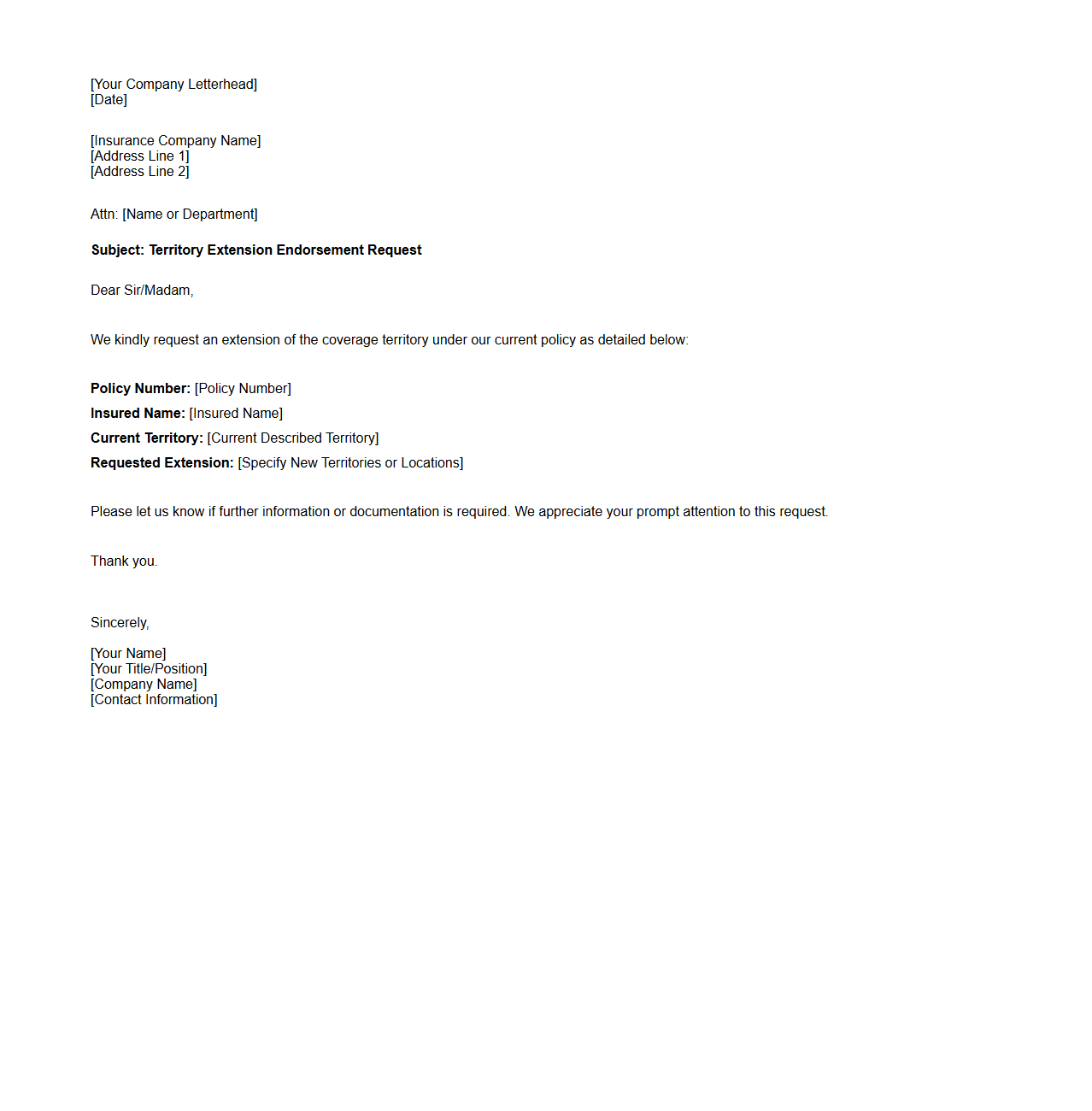 Territory Extension Endorsement Request Letter