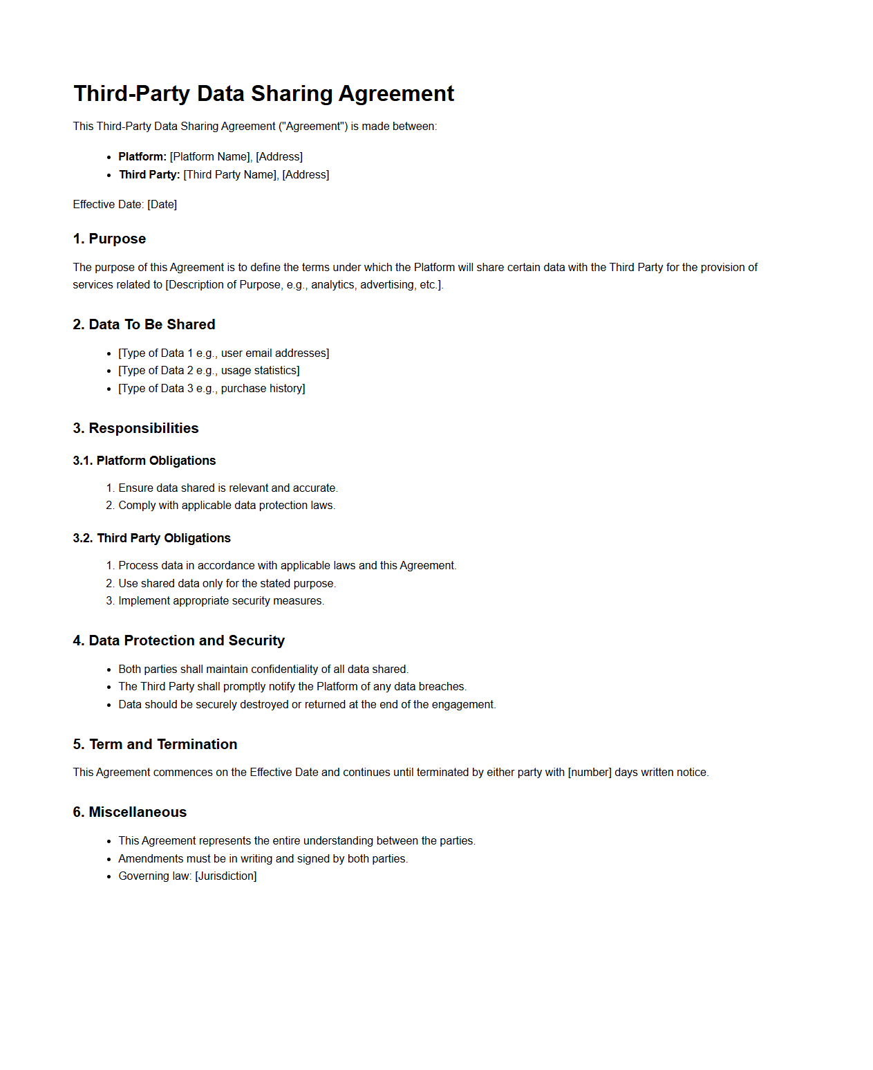 Third-Party Data Sharing Agreement Example for Digital Platforms