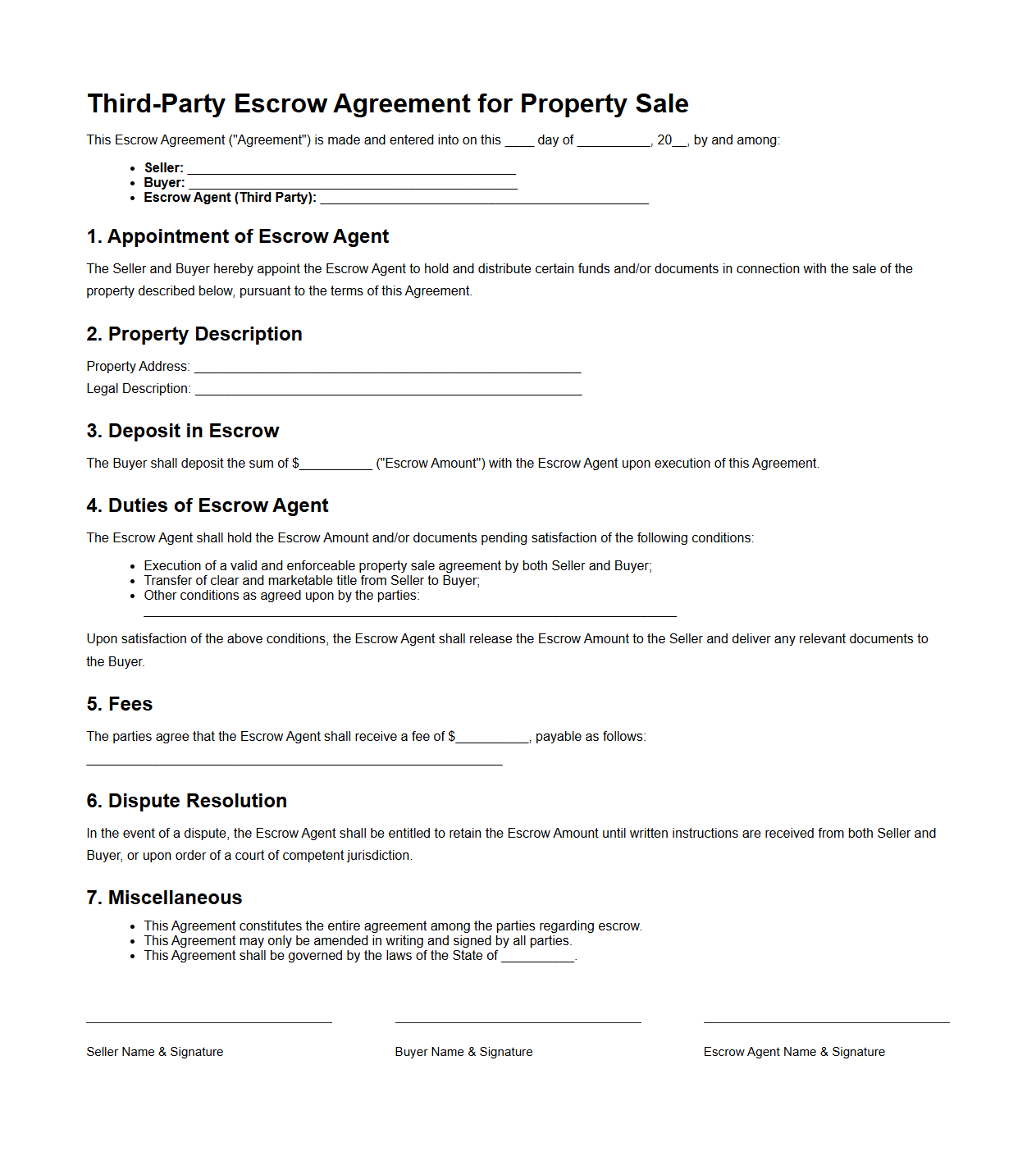 Third-Party Escrow Agreement for Property Sale