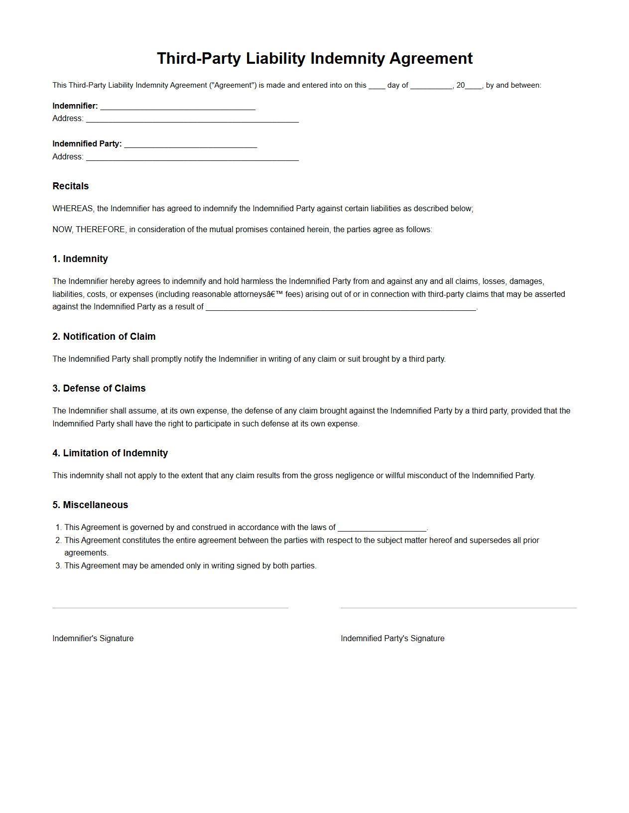 Third-Party Liability Indemnity Agreement Format