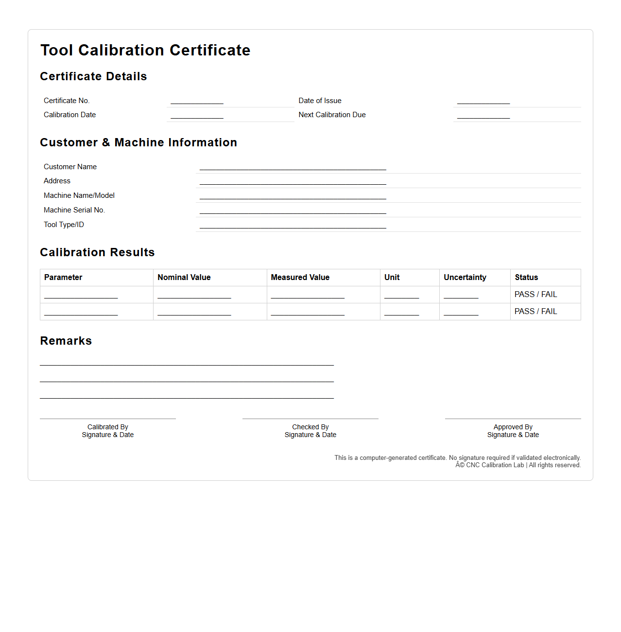 Tool Calibration Certificate Example for CNC Machines