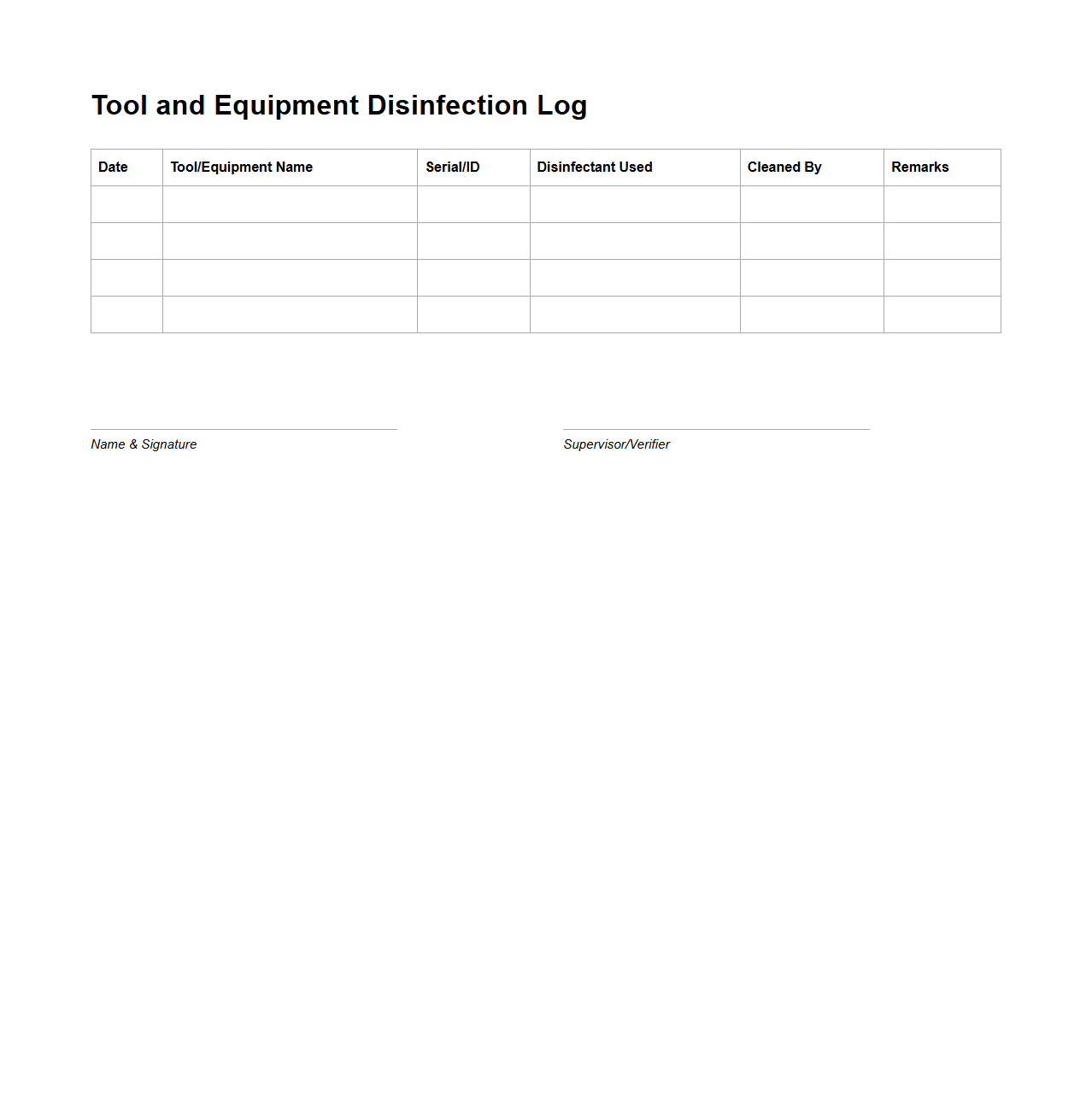 Tool and Equipment Disinfection Log
