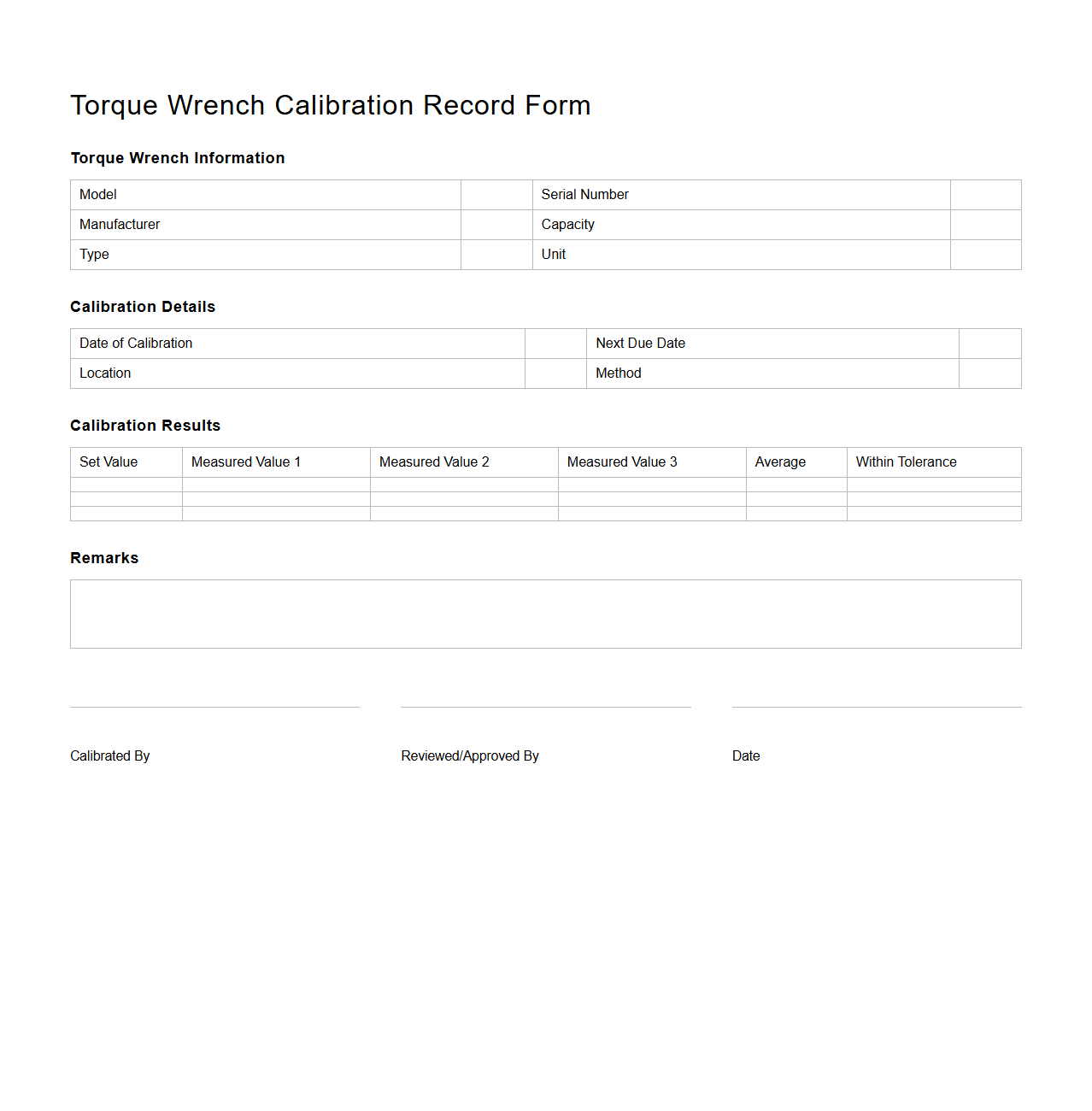 Torque Wrench Calibration Record Form