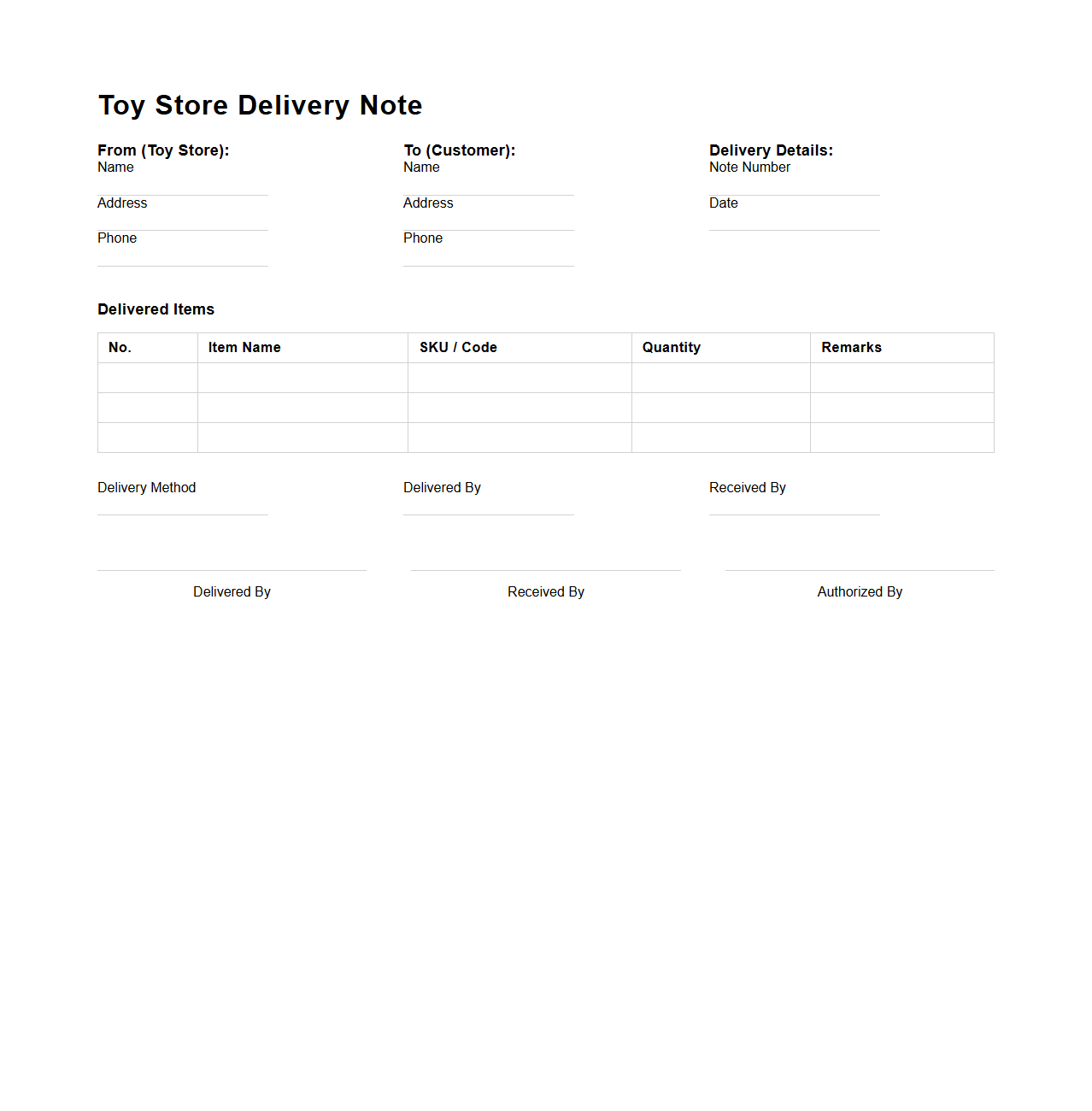 Toy Store Delivery Note Sample