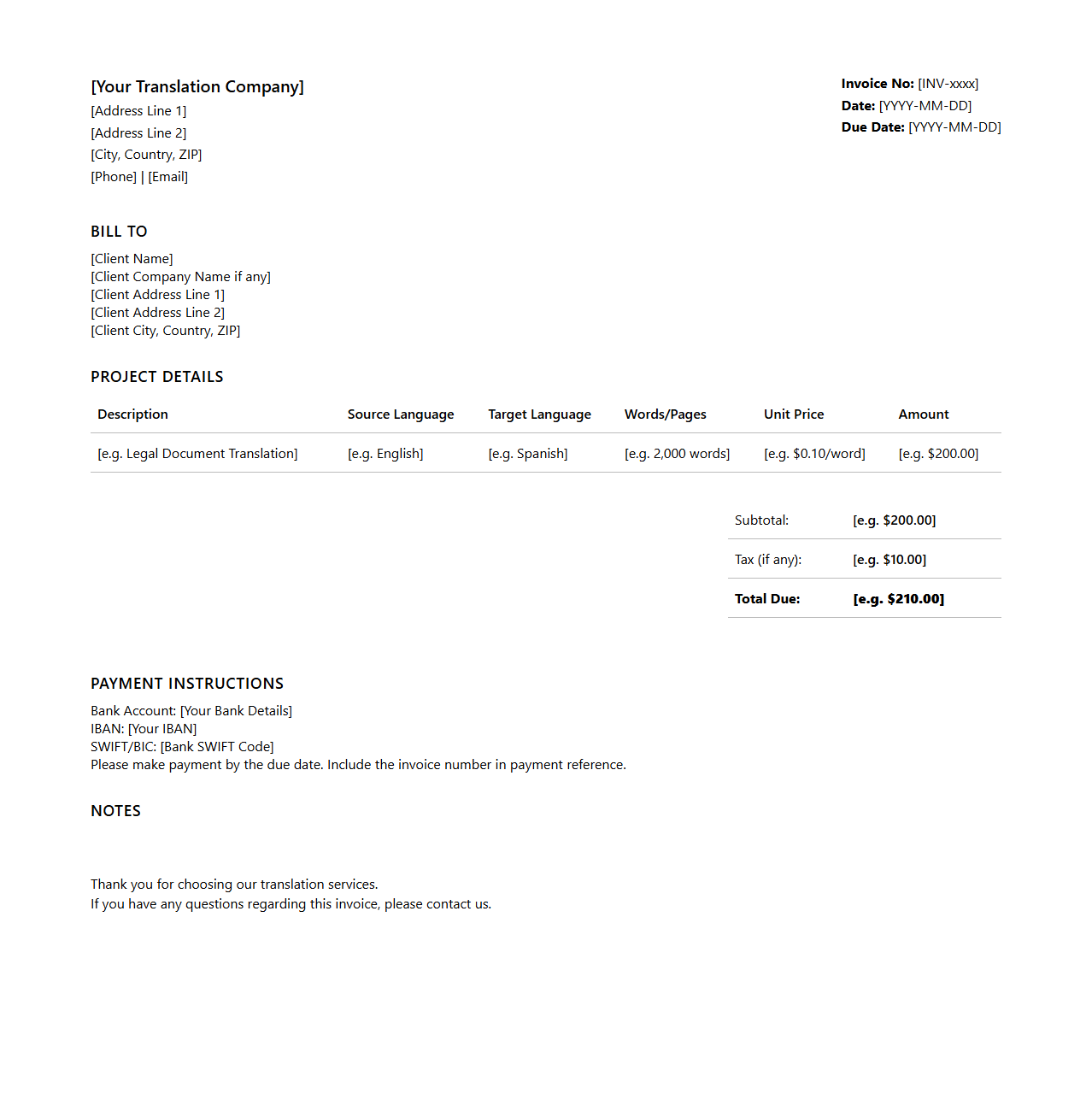 Translation Services Payment Invoice
