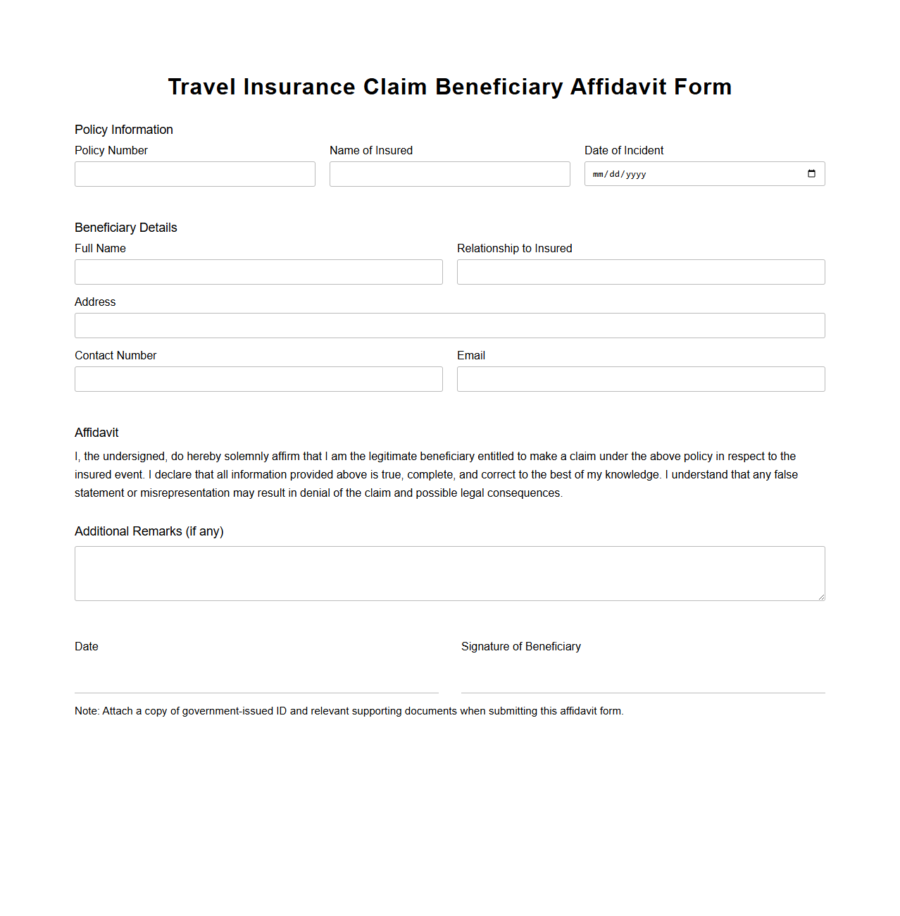 Travel Insurance Claim Beneficiary Affidavit Form