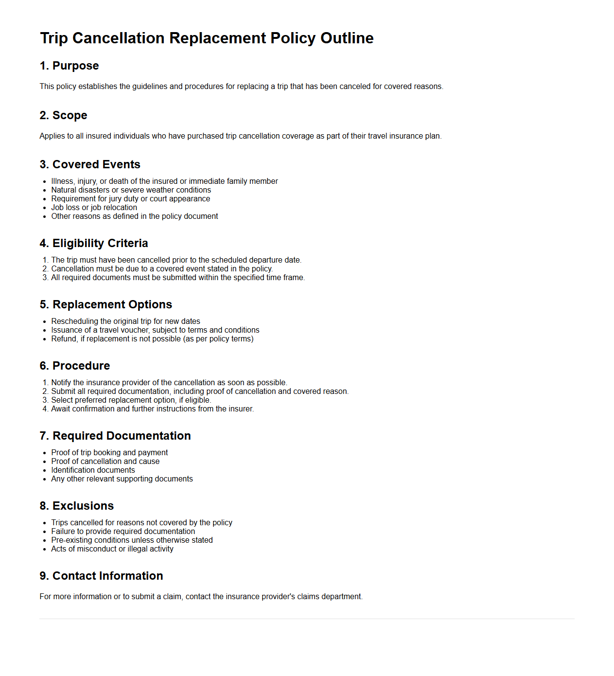 Trip Cancellation Replacement Policy Outline
