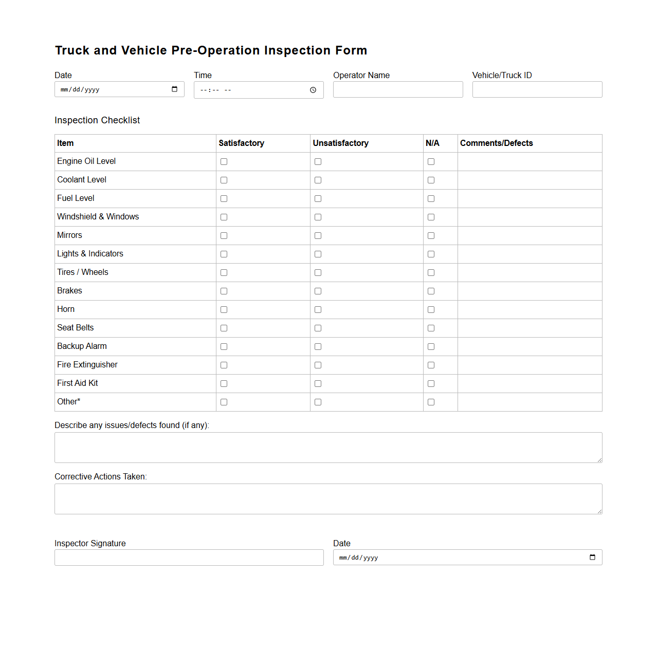 Truck and Vehicle Pre-Operation Inspection Form for Construction Use