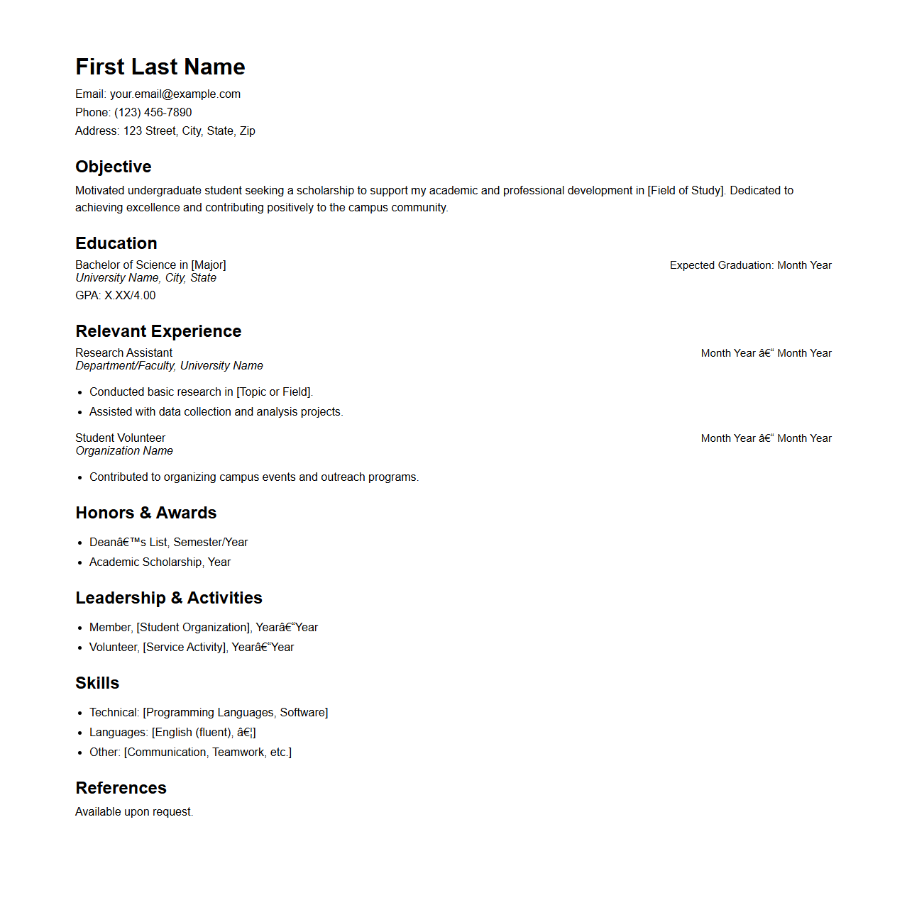 Undergraduate Curriculum Vitae Template for Scholarship Applications