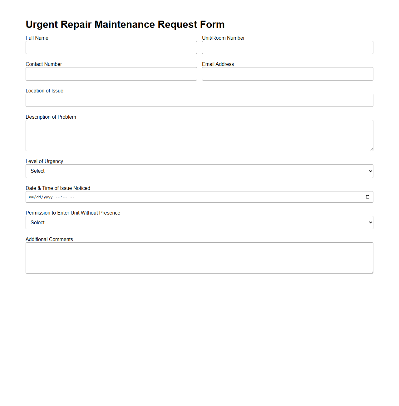 Urgent Repair Maintenance Request Form Template