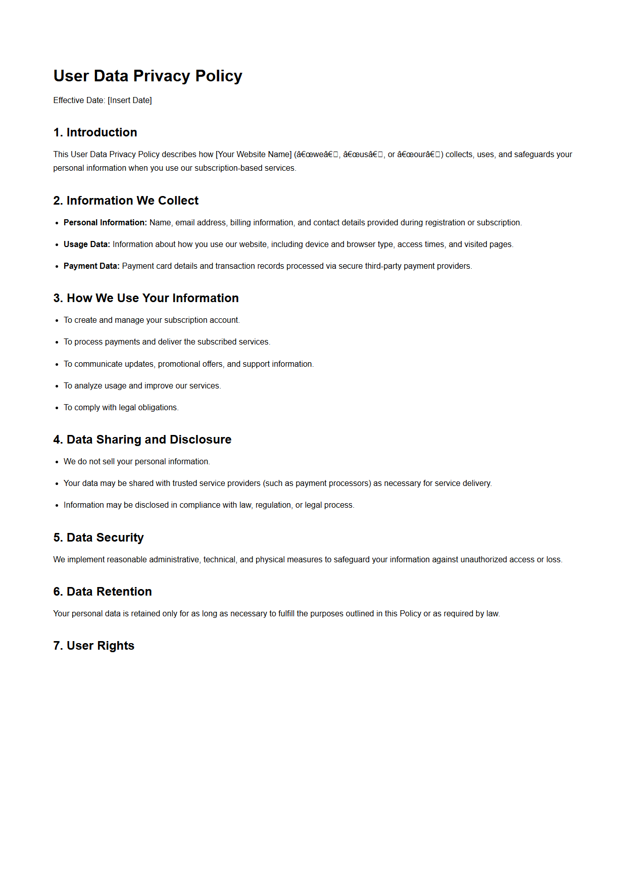 User Data Privacy Policy for Subscription-Based Sites