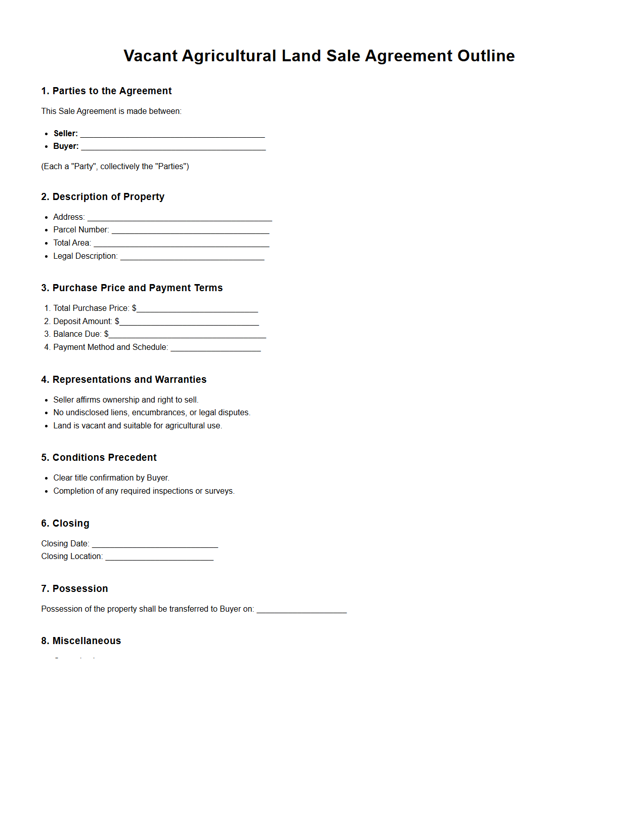 Vacant Agricultural Land Sale Agreement Outline
