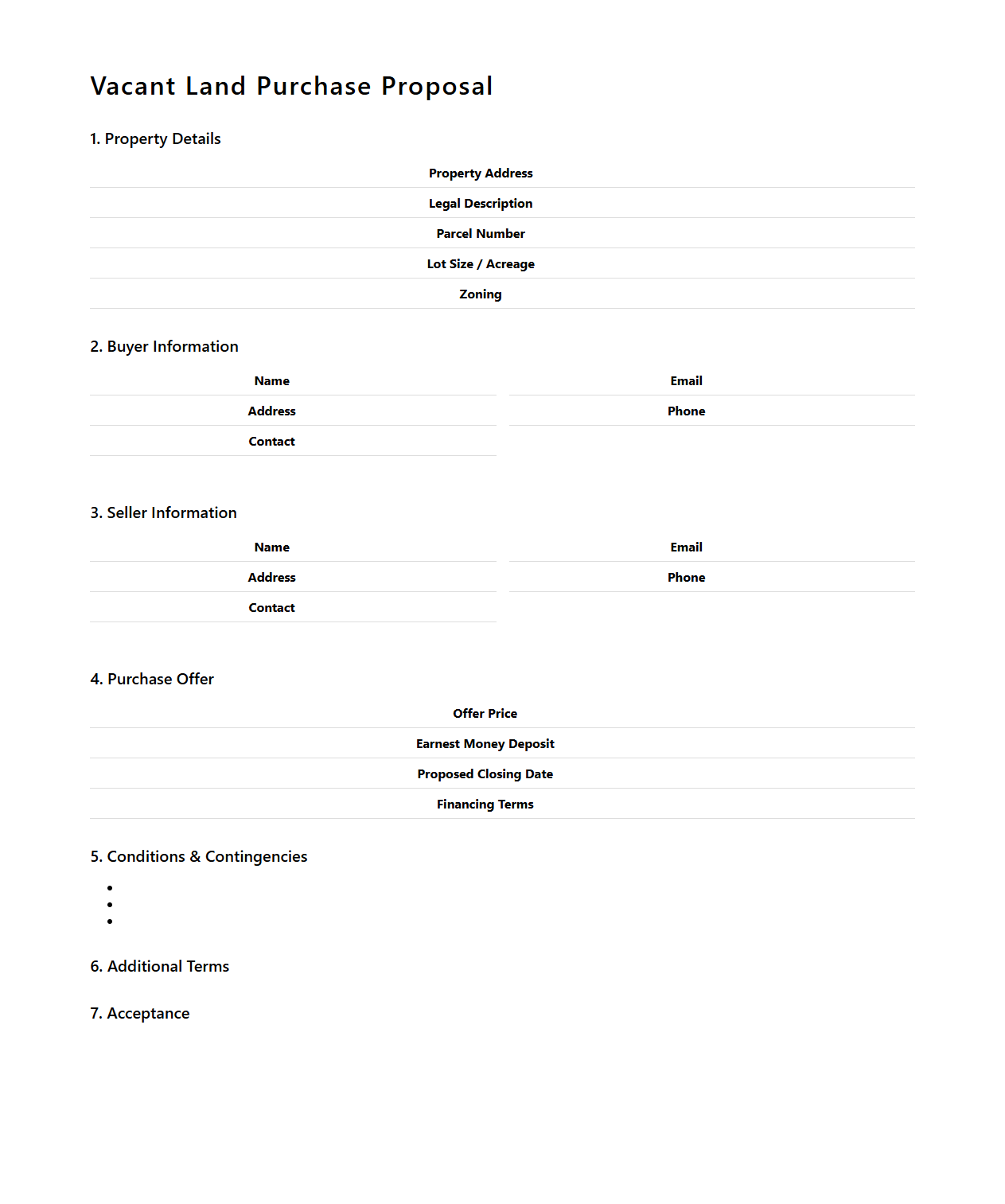 Vacant Land Purchase Proposal Document Layout