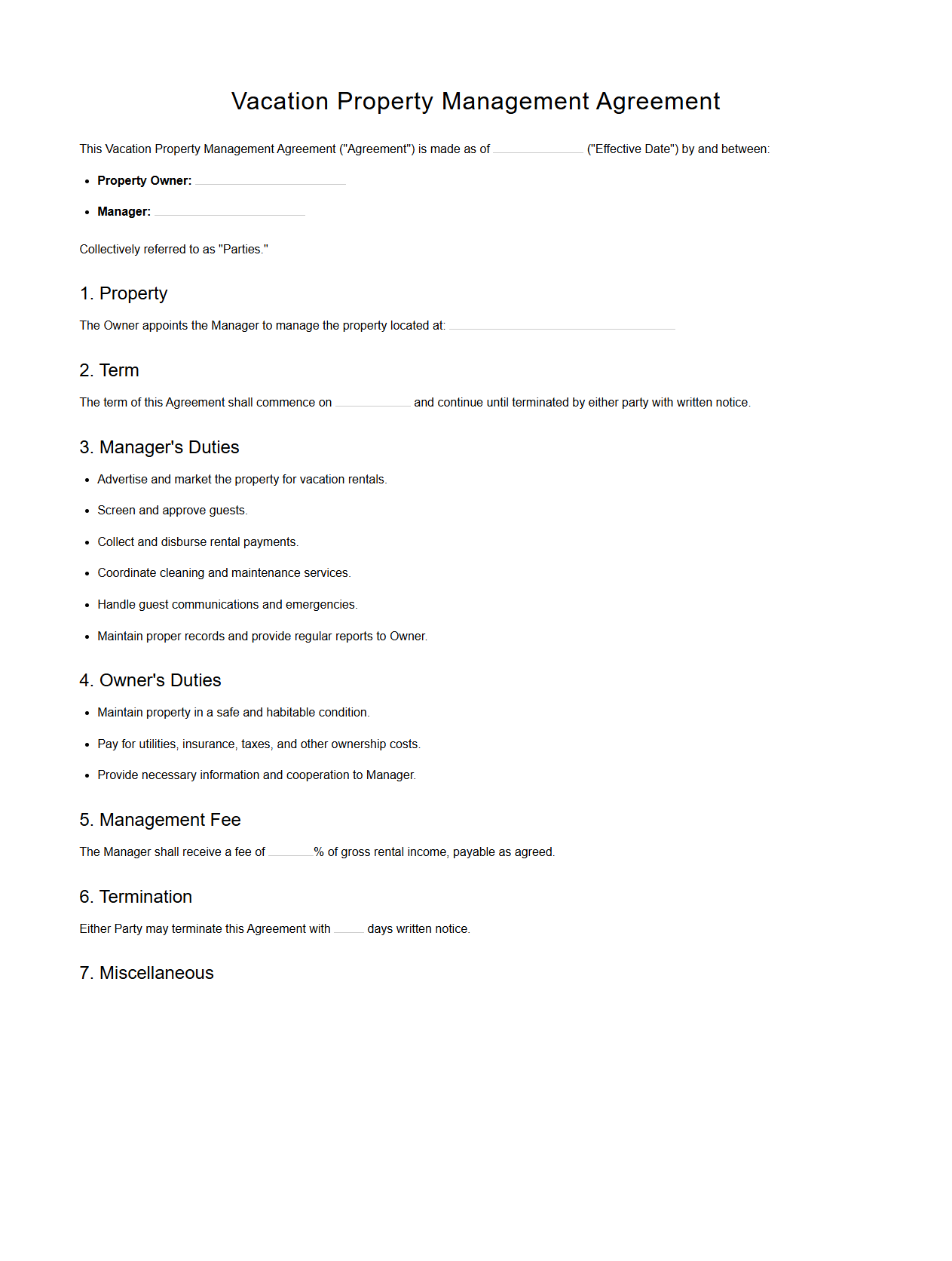 Vacation Property Management Agreement Model