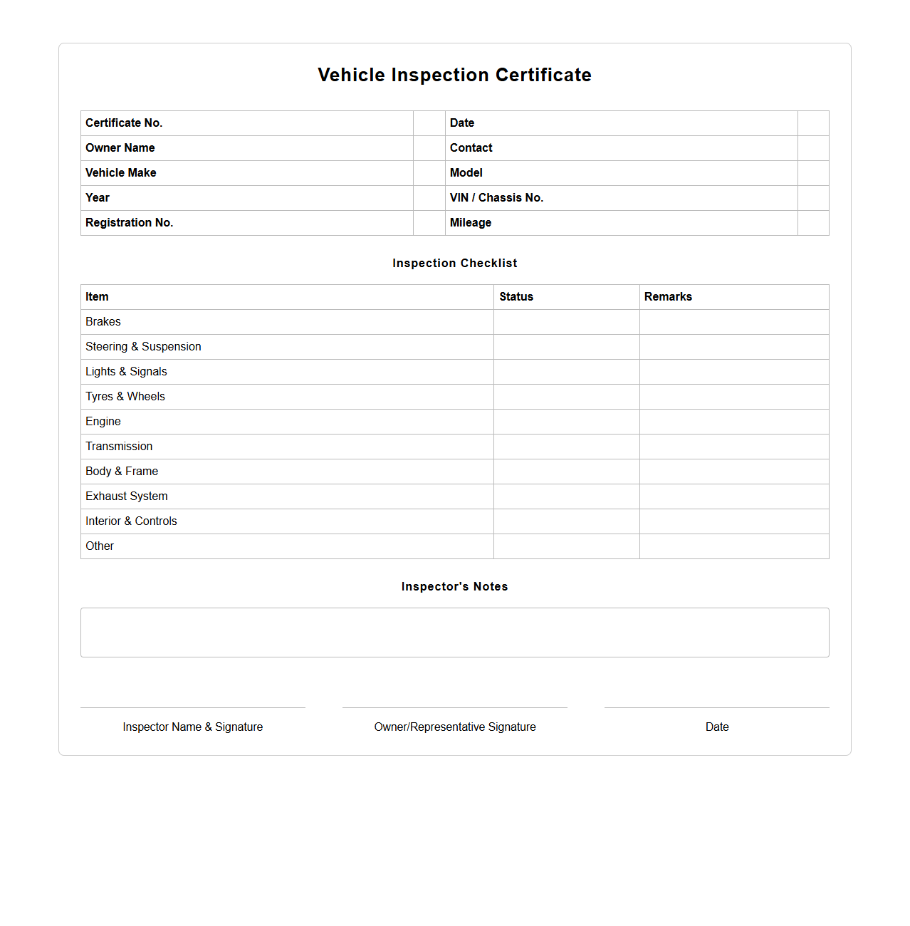 Vehicle Inspection Certificate Layout for Automotive Industry