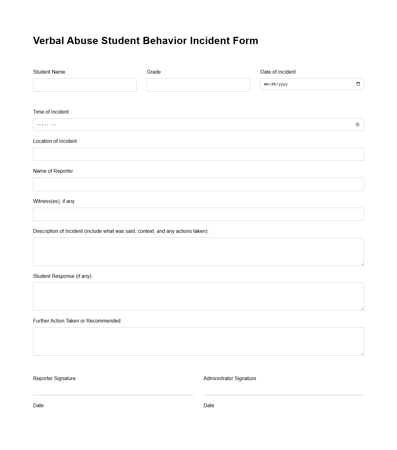 Verbal Abuse Student Behavior Incident Form