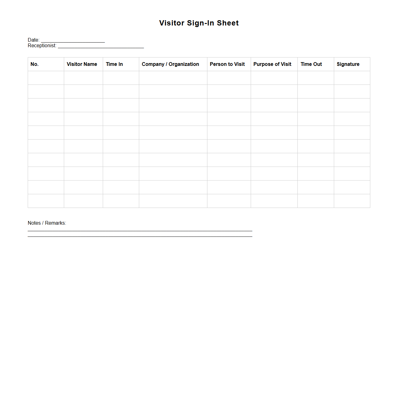 Visitor Sign-In Sheet for Reception
