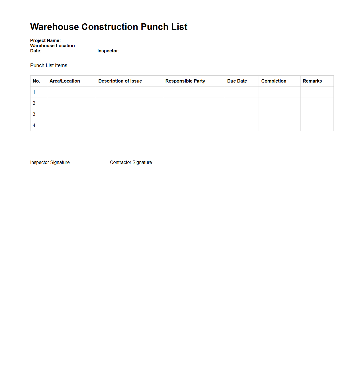 Warehouse Construction Punch List Layout