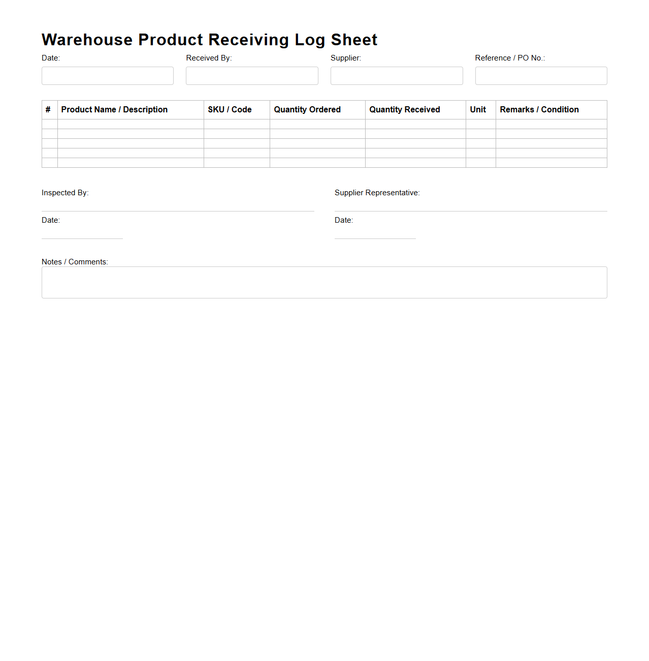 Warehouse Product Receiving Log Sheet