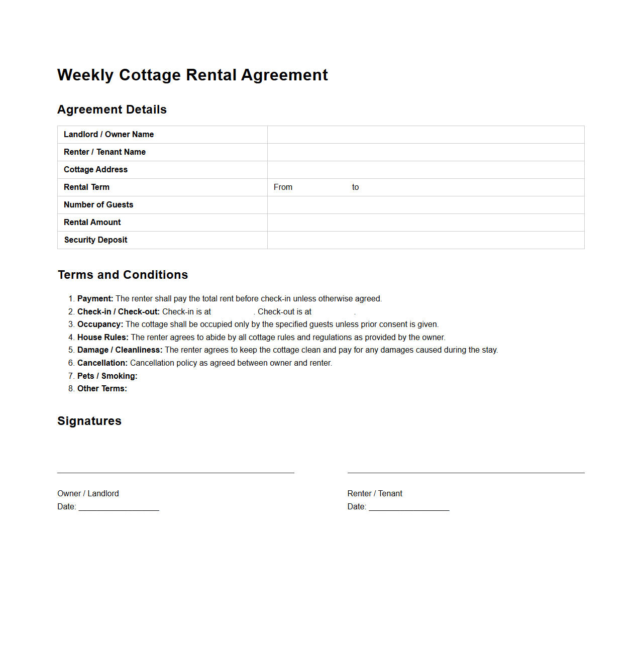 Weekly Cottage Rental Agreement Example