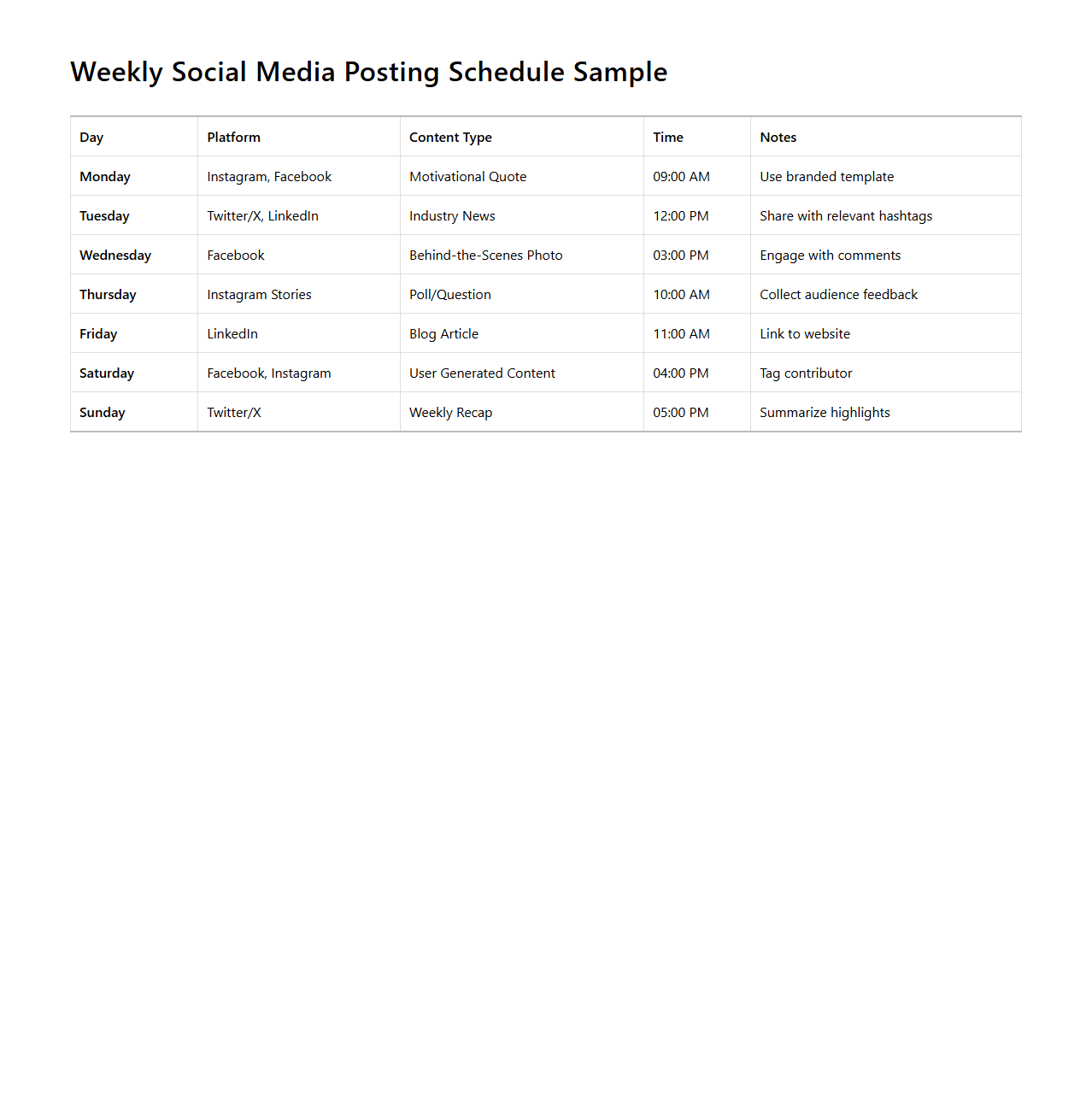 Weekly Social Media Posting Schedule Sample