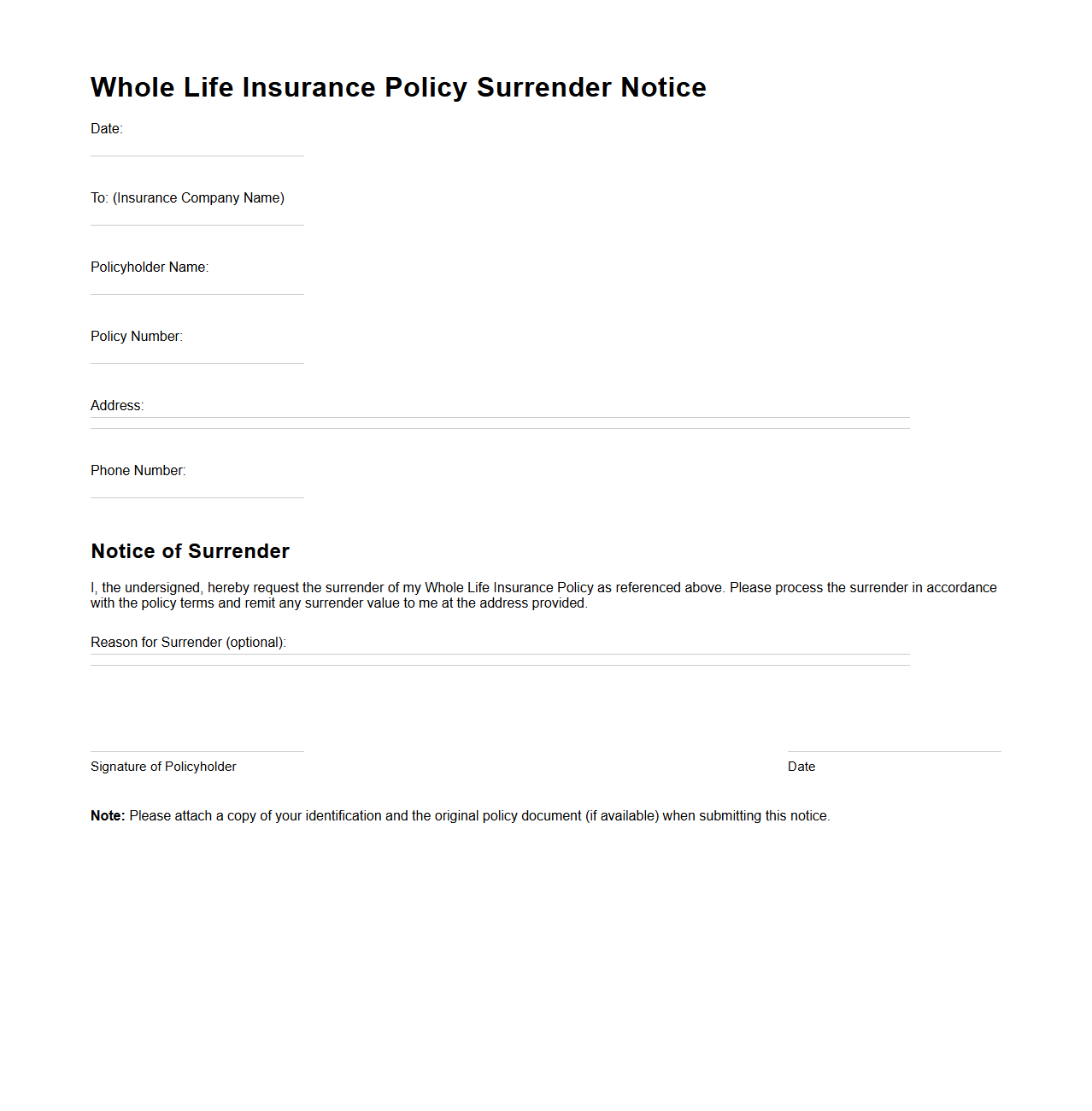 Whole Life Insurance Policy Surrender Notice Template