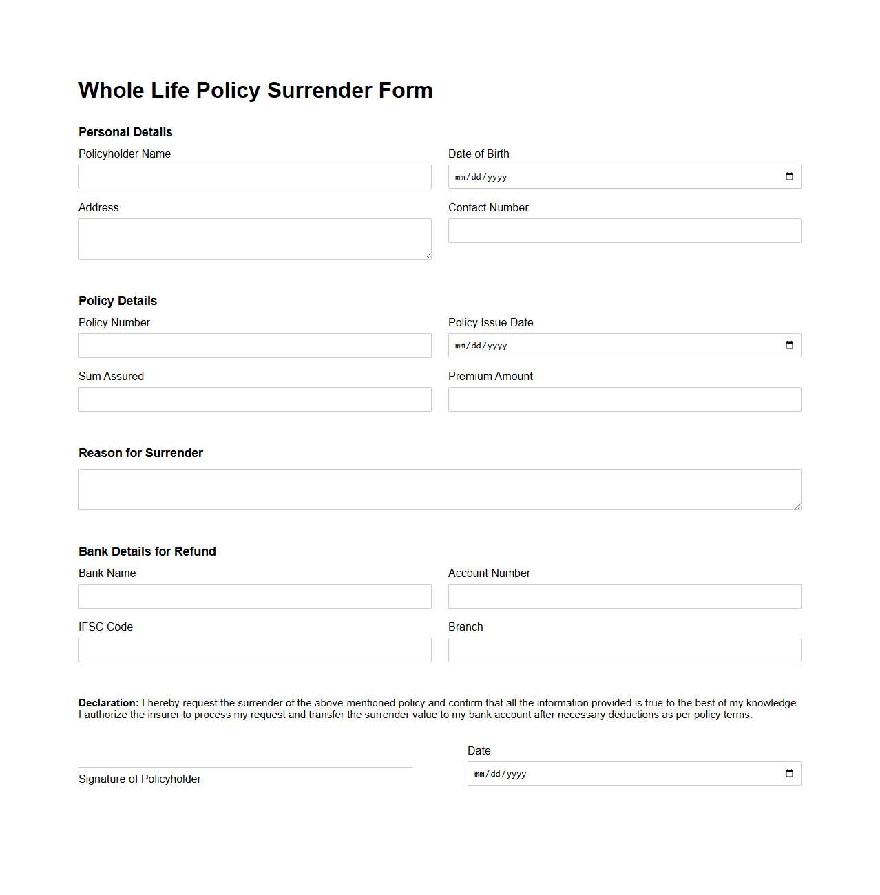 Whole Life Policy Surrender Form Example