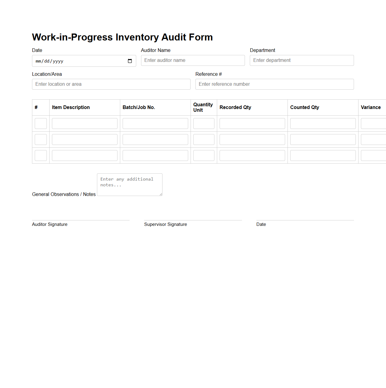 Work-in-Progress Inventory Audit Form