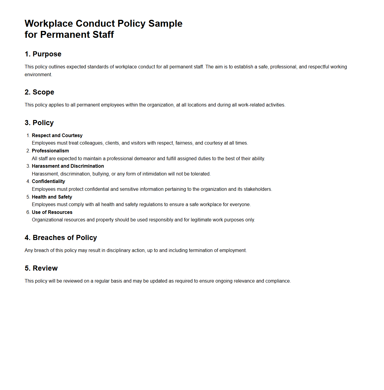 Workplace Conduct Policy Sample for Permanent Staff