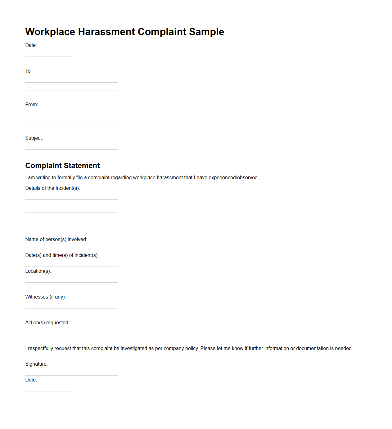 Workplace Harassment Complaint Sample