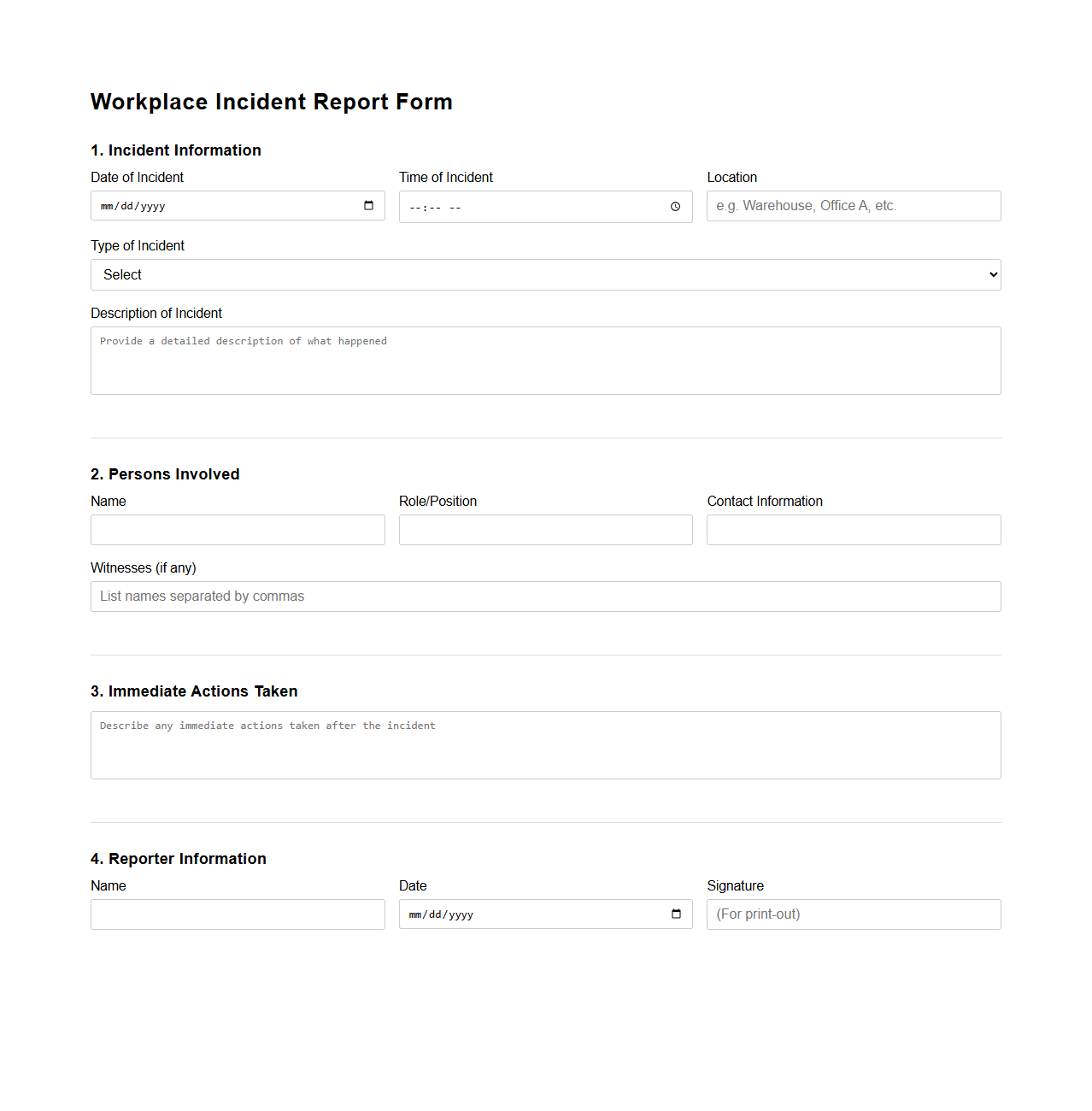 Workplace Incident Report Form Template