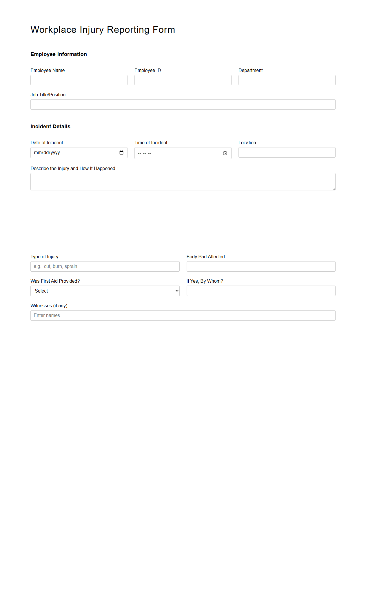 Workplace Injury Reporting Form for Hotel Employees