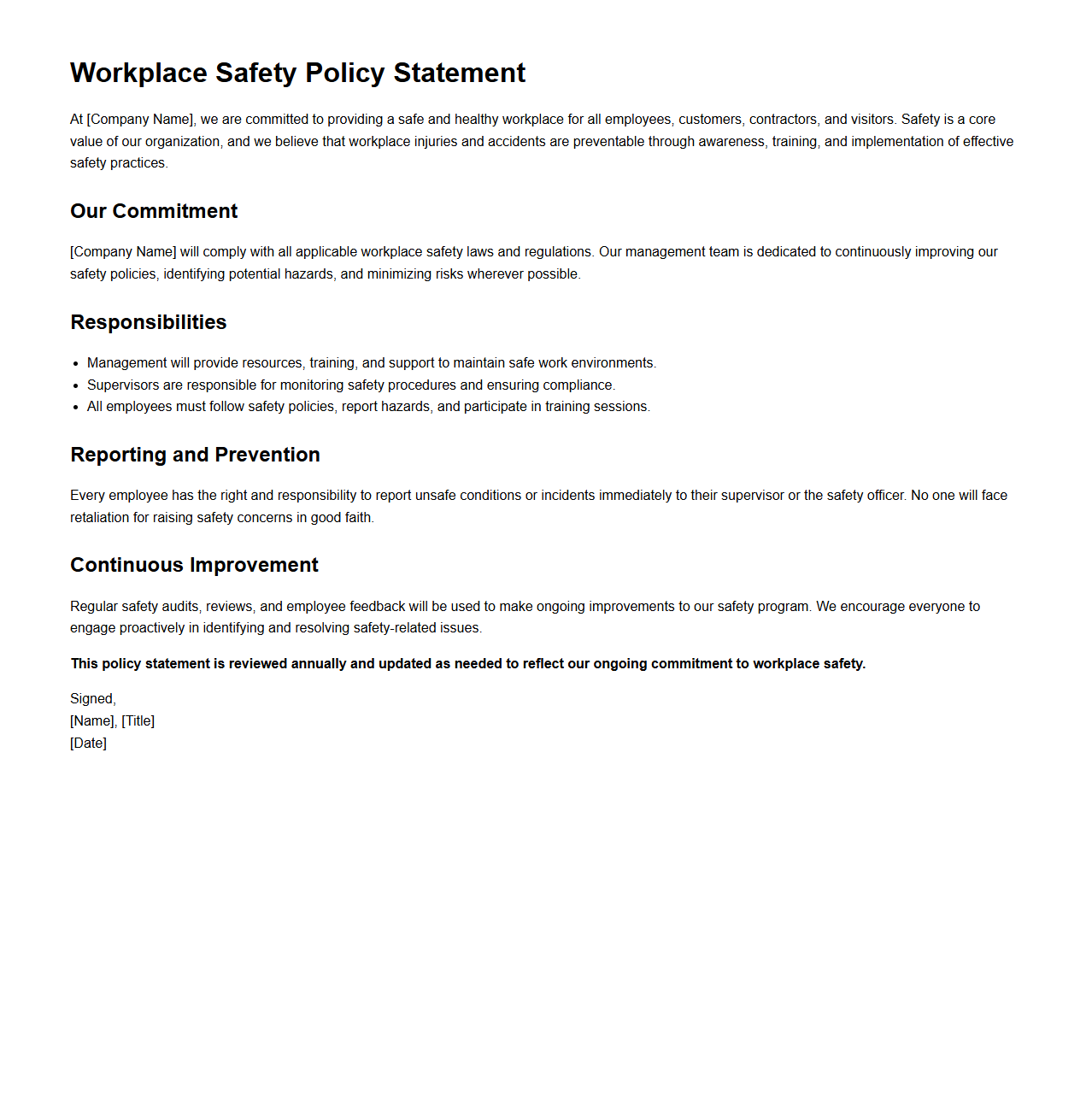 Workplace Safety Policy Statement Example