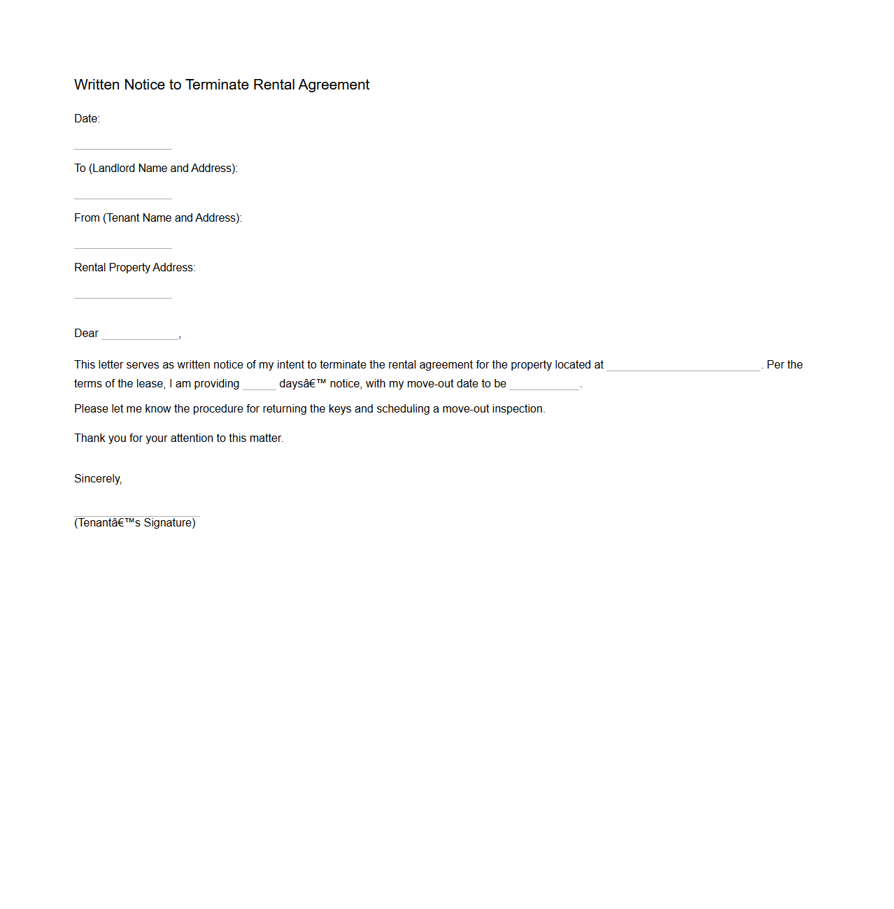 Written Notice to Terminate Rental Agreement Sample