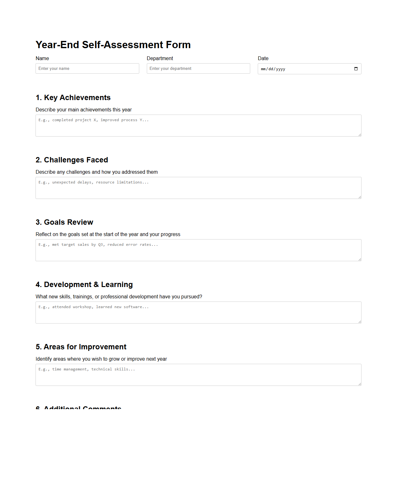 Year-End Self-Assessment Form Example