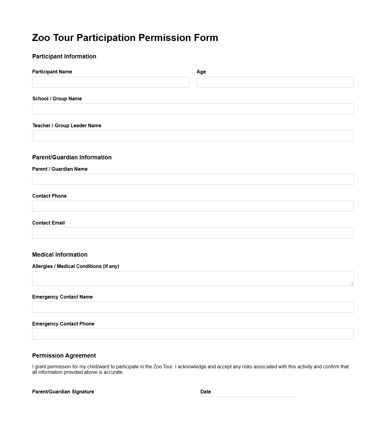 Zoo Tour Participation Permission Form Sample