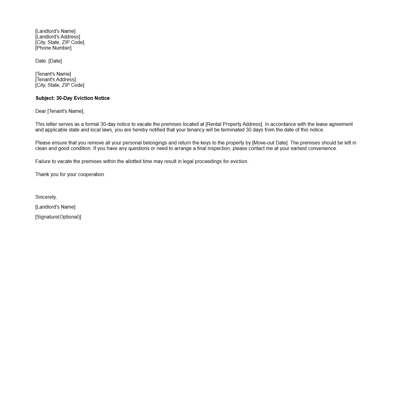 30-Day Eviction Notice Letter Sample