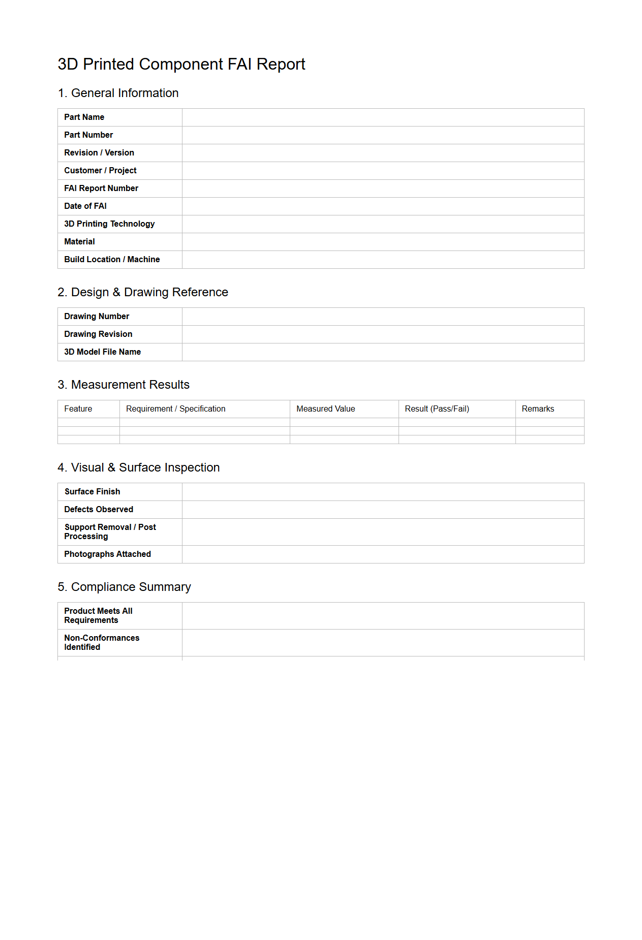 3D Printed Component FAI Report Template