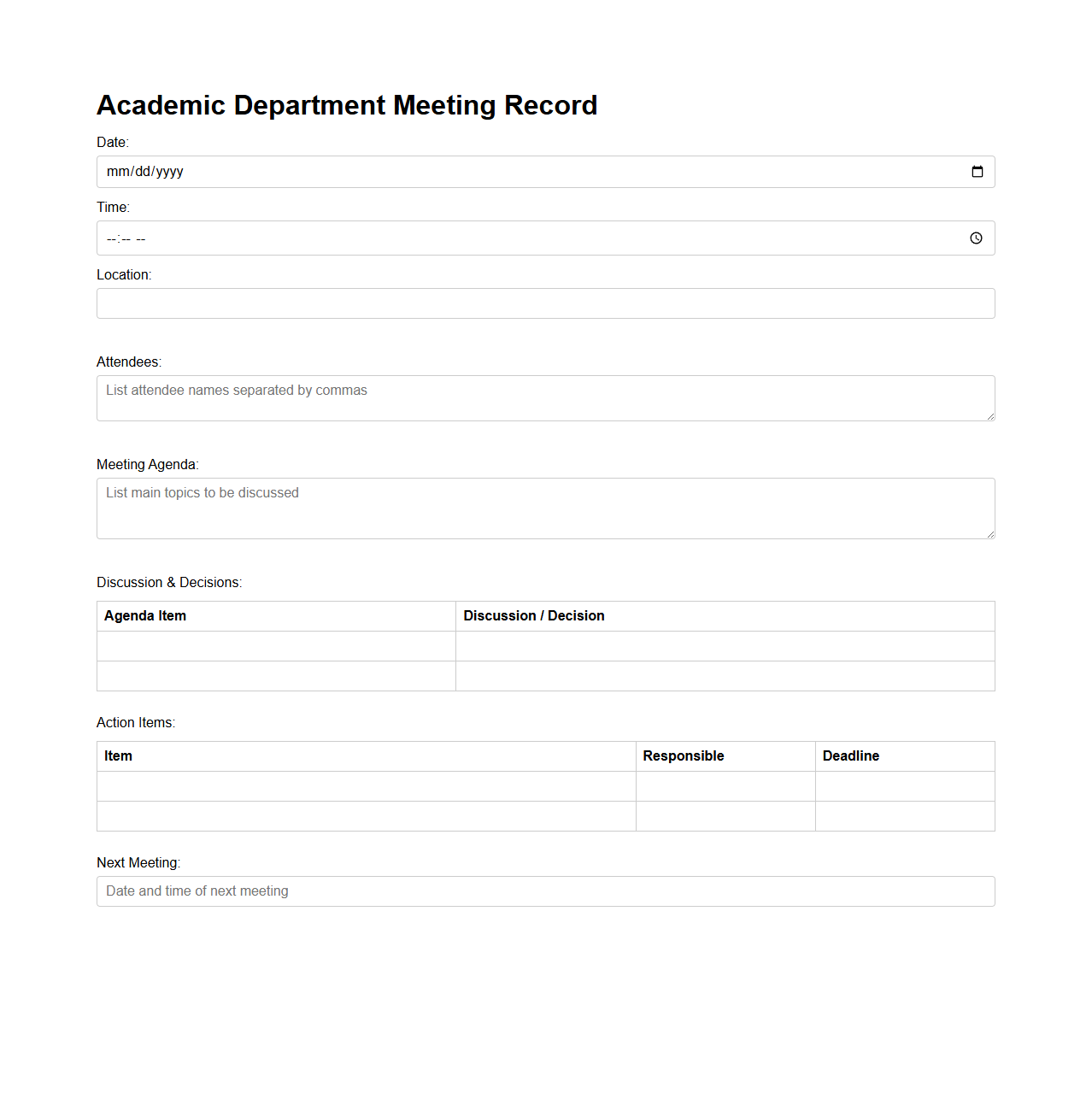 Academic Department Meeting Record